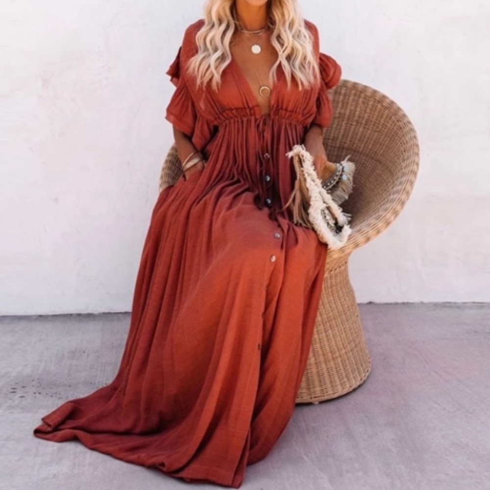 SOLD OUT Red Gauze Boho Button Maxi Coverup Dress - Picture 4 of 10